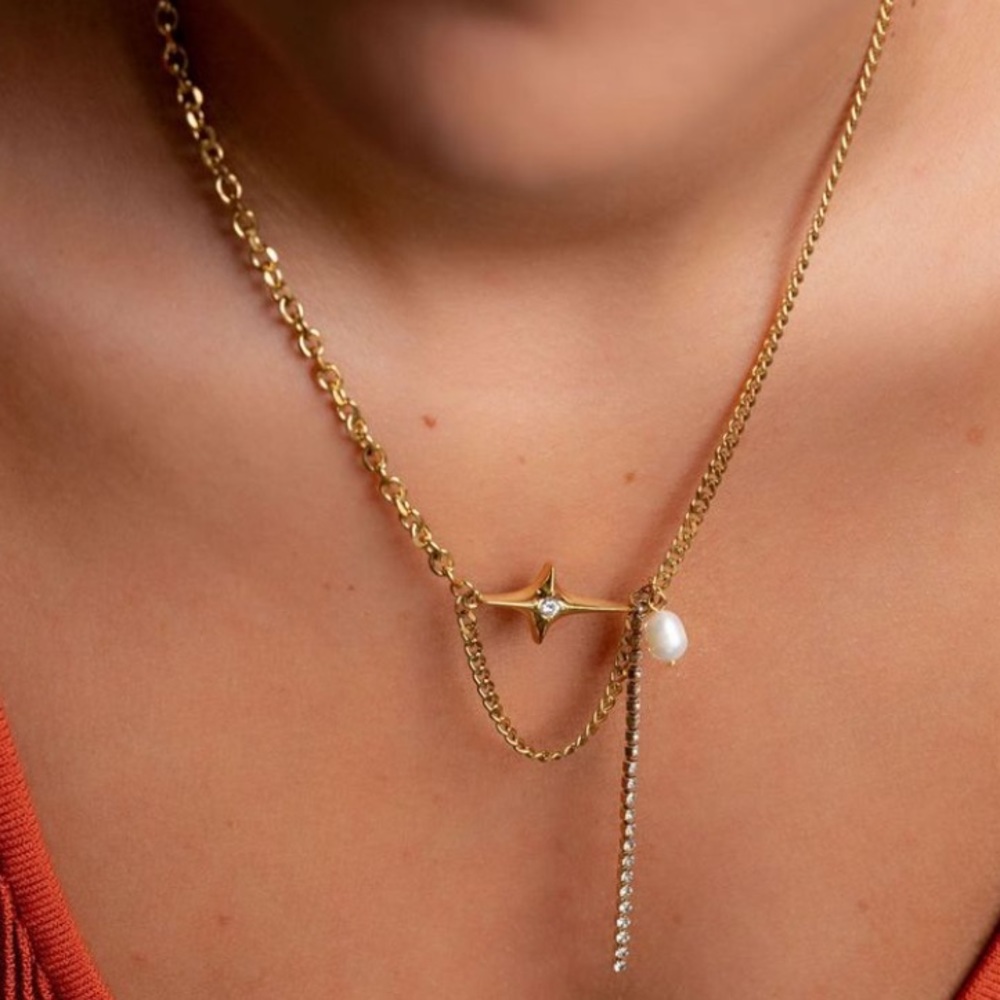Gold Star & Pearl Pendant Necklace - Elegant Layered Look